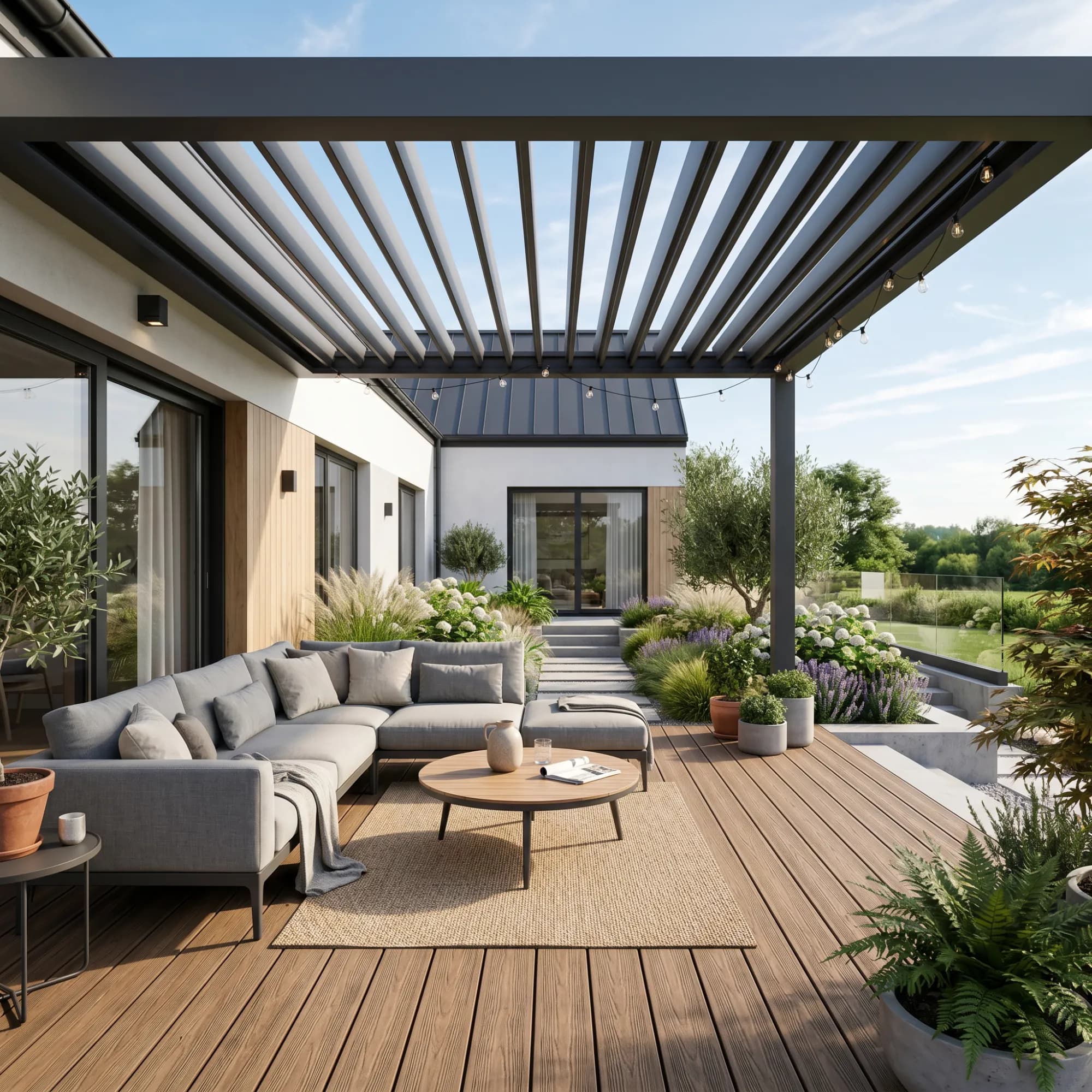 pergola nad tarasem z deski kompozytowej